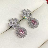Cubic Zircon (CZ) Drop Earring Brass platinum color plated micro pave cubic zirconia & for woman pink 18mm Sold By Pair