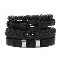 PU Leather Bracelet Set with Cowhide & Wax Cord & Wood & Zinc Alloy 4 pieces & fashion jewelry & Unisex black Length Approx 17-18 cm Sold By Set