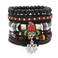 PU Leather Bracelet Set, with Cowhide & Wax Cord & Wood & Copper Coated Plastic & Tibetan Style, 4 pieces & fashion jewelry & Unisex, Length:Approx 17-18 cm, Sold By Set