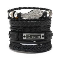 PU Leather Bracelet Set, with Cowhide & Wax Cord & Copper Coated Plastic & Tibetan Style, 5 pieces & fashion jewelry & Unisex, black, Length:Approx 17-18 cm, Sold By Set