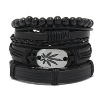 PU Leather Bracelet Set with Cowhide & Wax Cord & Wood & Zinc Alloy 4 pieces & fashion jewelry & Unisex black Length Approx 17-18 cm Sold By Set