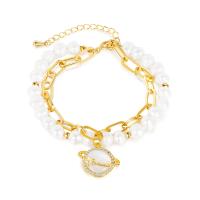Freshwater Cultured Pearl Bracelet Brass with Freshwater Pearl with 2.36inch extender chain Double Layer & fashion jewelry & micro pave cubic zirconia & for woman golden nickel lead & cadmium free Length Approx 6.69 Inch Sold By PC