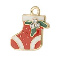 Tibetan Style Christmas Pendants, Christmas Sock, gold color plated, Unisex & enamel & with rhinestone, red, nickel, lead & cadmium free, 17x18x3mm, Hole:Approx 2mm, Approx 500PCs/Bag, Sold By Bag