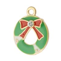 Tibetan Style Christmas Pendants, Christmas Wreath, gold color plated, Unisex & enamel & with rhinestone & hollow, green, nickel, lead & cadmium free, 15x19x3mm, Hole:Approx 2mm, Approx 500PCs/Bag, Sold By Bag