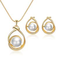 Rhinestone Jewelry Sets Stud Earring & necklace Zinc Alloy with Plastic Pearl gold color plated 2 pieces & for woman & with rhinestone golden nickel lead & cadmium free 21*35mm 17*24mm Length Approx 15.75 Inch Sold By Set