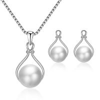 Tibetan Style Jewelry Sets, Stud Earring & necklace, with Plastic Pearl, silver color plated, 2 pieces & for woman & with rhinestone, silver color, nickel, lead & cadmium free, 13*20mm,16*30mm, Length:Approx 15.75 Inch, Sold By Set