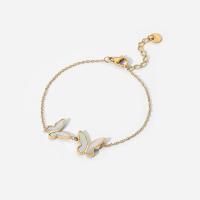 Titanium Steel Bracelet & Bangle, with White Shell, with 3cm extender chain, Butterfly, Vacuum Ion Plating, Adjustable & fashion jewelry & for woman, golden, 11mm, Length:17 cm, Sold By PC