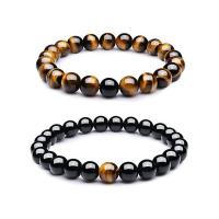 Gemstone Bracelets, Tiger Eye, with Abrazine Stone, Round, elastic & Unisex, more colors for choice, 8mm, Length:7.5 Inch, Sold By PC