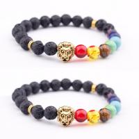 Gemstone Bracelets, Lava, with Gemstone, Lion, gold color plated, elastic & Unisex, mixed colors, 8mm, Length:7.5 Inch, Sold By PC