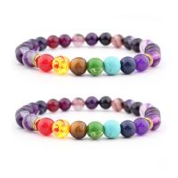 Gemstone Bracelets, Miracle Agate, with Gemstone & Tibetan Style, Round, gold color plated, elastic & Unisex, mixed colors, 8mm, Length:7.5 Inch, Sold By PC