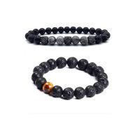 Gemstone Bracelets Lava with Map Stone & Tiger Eye & Brass Round gun black plated elastic & Unisex & micro pave cubic zirconia 8mm Length 7.5 Inch Sold By PC