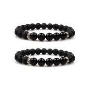 Gemstone Bracelets Lava with Black Agate & Zinc Alloy Round silver color plated elastic & Unisex black 8mm Length 7.5 Inch Sold By PC