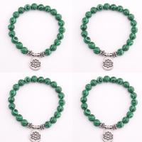 Gemstone Bracelets Malachite with Zinc Alloy Round silver color plated elastic & Unisex green 8mm Length 7.5 Inch Sold By PC