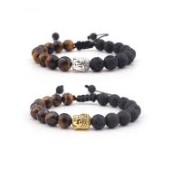 Gemstone Bracelets Tiger Eye with Polyester Cord & Lava & Zinc Alloy Buddha plated Unisex & adjustable mixed colors 8mm Length 7.5 Inch Sold By PC