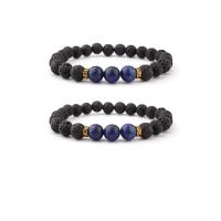 Gemstone Bracelets Lava with Lapis Lazuli & Zinc Alloy Round gold color plated elastic & Unisex mixed colors 8mm Length 7.5 Inch Sold By PC