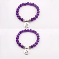 Quartz Bracelets Amethyst with Zinc Alloy Round silver color plated elastic & Unisex purple 8mm Length 7.5 Inch Sold By PC