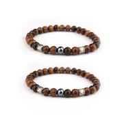 Natural Tiger Eye Bracelets with Non Magnetic Hematite & Zinc Alloy Round silver color plated elastic & Unisex mixed colors 8mm Length 7.5 Inch Sold By PC