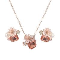 Rhinestone Jewelry Sets Stud Earring & necklace Zinc Alloy with Plastic Pearl rose gold color plated 2 pieces & for woman & with rhinestone rose gold color nickel lead & cadmium free 18*18mm Length Approx 15.75 Inch Sold By Set