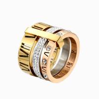 Rhinestone Stainless Steel Finger Ring, 304 Stainless Steel, Vacuum Ion Plating, with roman number & Unisex & different size for choice & with rhinestone, more colors for choice, Sold By Set