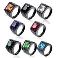 Rhinestone Stainless Steel Finger Ring, 304 Stainless Steel, Square, Vacuum Ion Plating, different size for choice & for man & with rhinestone, more colors for choice, US Ring Size:7-12, Sold By PC