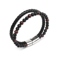 Gemstone Bracelets Titanium Steel with Abrazine Stone & Cowhide & Tiger Eye Double Layer & for man black and red 6mm Length Approx 8.26 Inch Sold By PC