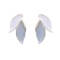 925 Sterling Silver Stud Earrings, Leaf, gold color plated, for woman & epoxy gel, green, 13x23mm, Sold By Pair