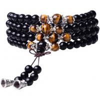 Wrap Bracelet, Obsidian, with Tiger Eye & Tibetan Style, Round, silver color plated, multilayer & Unisex, black, 108PCs/Strand, Sold Per Approx 34.65 Inch Strand