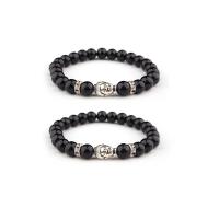 Gemstone Bracelets, Obsidian, with Tibetan Style, Buddha, silver color plated, elastic & Unisex, black, 8mm, Length:7.5 Inch, Sold By PC