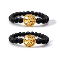Gemstone Bracelets, Lava, with Tibetan Style, Round, gold color plated, elastic & Unisex, black, 8mm, Length:7.5 Inch, Sold By PC