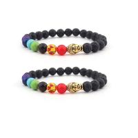 Gemstone Bracelets, Lava, with Gemstone & Tibetan Style, Buddha, gold color plated, elastic & Unisex, mixed colors, 8mm, Length:7.5 Inch, Sold By PC