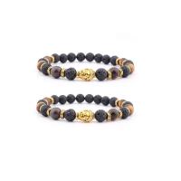 Gemstone Bracelets Lava with Tiger Eye & Zinc Alloy Buddha gold color plated elastic & Unisex mixed colors 8mm Length 7.5 Inch Sold By PC