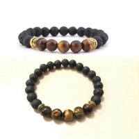 Natural Tiger Eye Bracelets Lava with Tiger Eye & Zinc Alloy Round gold color plated elastic & Unisex mixed colors 8mm Length 7.5 Inch Sold By PC