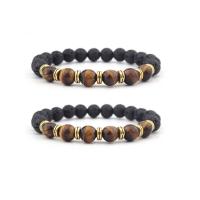 Gemstone Bracelets Lava with Tiger Eye & Zinc Alloy Round gold color plated elastic & Unisex mixed colors 8mm Length 7.5 Inch Sold By PC