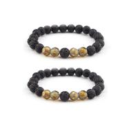 Gemstone Bracelets, Lava, with Smoky Quartz, Round, elastic & Unisex, black, 8mm, Length:7.5 Inch, Sold By PC