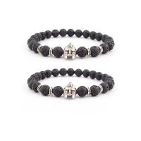 Gemstone Bracelets Lava with Zinc Alloy Mask silver color plated elastic & Unisex black 8mm Length 7.5 Inch Sold By PC