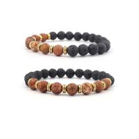 Gemstone Bracelets Lava with Picture Jasper & Zinc Alloy Round gold color plated elastic & Unisex mixed colors 8mm Length 7.5 Inch Sold By PC