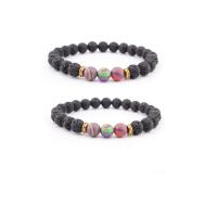 Gemstone Bracelets Lava with Malachite & Zinc Alloy Round gold color plated elastic & Unisex black 8mm Length 7.5 Inch Sold By PC