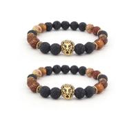 Gemstone Bracelets, Lava, with Picture Jasper & Tibetan Style, Lion, gold color plated, elastic & Unisex, mixed colors, 8mm, Length:7.5 Inch, Sold By PC