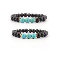 Fashion Turquoise Bracelets, Glass Beads, with Natural Turquoise & Tibetan Style, Round, gold color plated, elastic & Unisex, mixed colors, 8mm, Length:7.5 Inch, Sold By PC