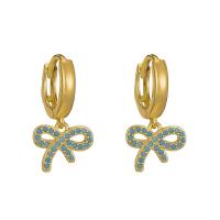 Huggie Hoop Drop Earring Brass Bowknot gold color plated micro pave cubic zirconia & for woman Sold By Pair