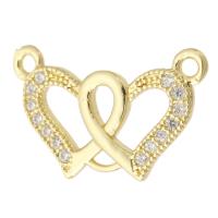 Cubic Zirconia Micro Pave Brass Pendant, Heart, gold color plated, fashion jewelry & DIY & micro pave cubic zirconia & for woman & double-hole, golden, 19.50x12x1.50mm, Hole:Approx 1mm, 10PCs/Lot, Sold By Lot
