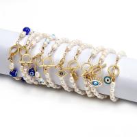 Evil Eye Jewelry Bracelet, Plastic Pearl, with Lampwork & Brass, gold color plated, for woman & enamel & with rhinestone, more colors for choice, Sold By PC
