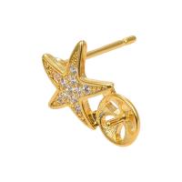 Brass Earring Stud Component, Starfish, real gold plated, DIY & micro pave cubic zirconia, nickel, lead & cadmium free, 14x9.60mm, Approx 20PCs/Bag, Sold By Bag