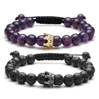 Gemstone Bracelets Lava with Polyester Cord & Amethyst & Brass Crown plated & Unisex & with rhinestone 8mm Length 7.5 Inch Sold By PC