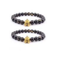 Glass Beads Bracelet with Zinc Alloy Mask gold color plated elastic & Unisex black 8mm Length 7.5 Inch Sold By PC