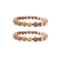 Gemstone Bracelets Picture Jasper with Zinc Alloy Buddha gold color plated elastic & Unisex mixed colors 8mm Length 7.5 Inch Sold By PC