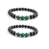Gemstone Bracelets, Obsidian, with Malachite & Tibetan Style, Round, silver color plated, elastic & Unisex, mixed colors, 8mm, Length:7.5 Inch, Sold By PC