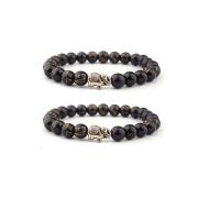 Glass Beads Bracelet with Zinc Alloy Elephant silver color plated elastic & Unisex black 8mm Length 7.5 Inch Sold By PC