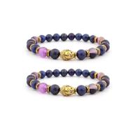 Gemstone Bracelets Lapis Lazuli with Purple Chalcedony & Zinc Alloy Buddha gold color plated elastic & Unisex mixed colors 8mm Length 7.5 Inch Sold By PC