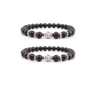Glass Beads Bracelet with Zinc Alloy Buddha silver color plated elastic & Unisex black 8mm Length 7.5 Inch Sold By PC